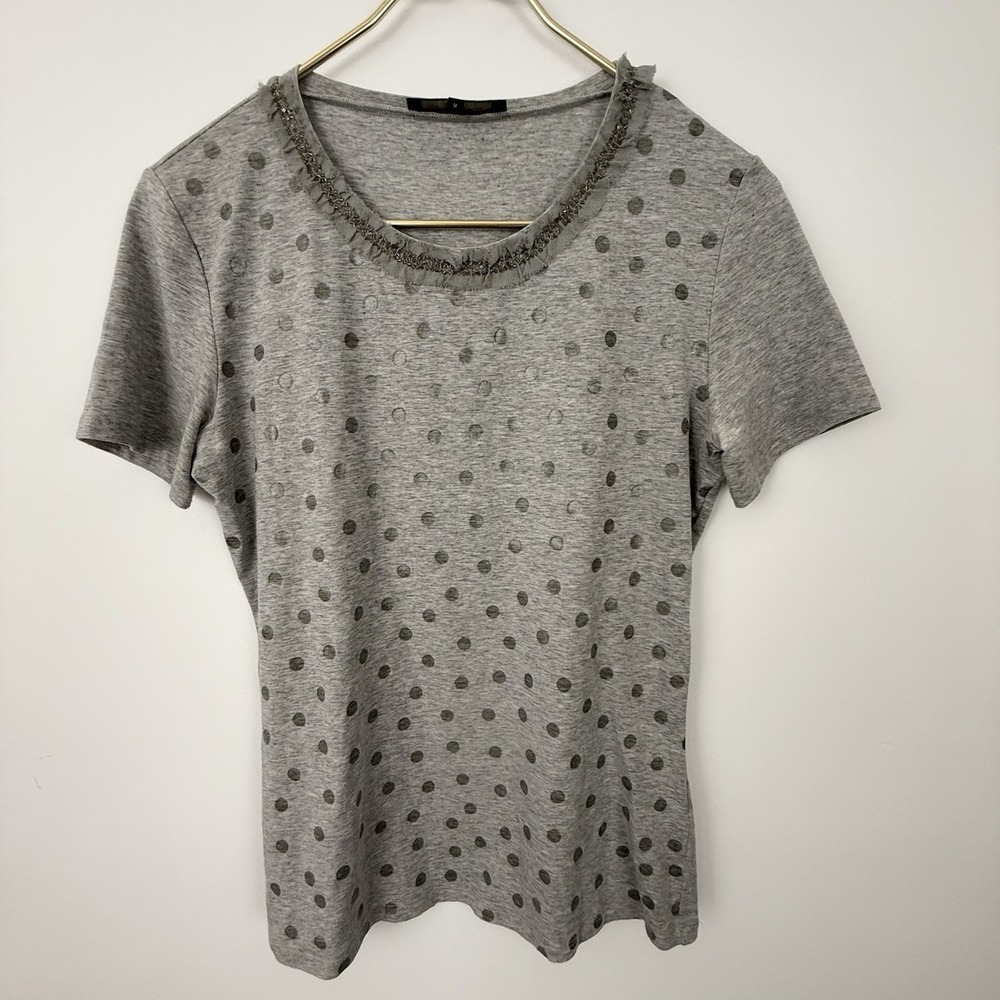 MAXMARA WEEKEND Gray TOP M Silver Beaded T-Shirt Polka Dot Ruffle Party Tissue - Picture 9 of 16